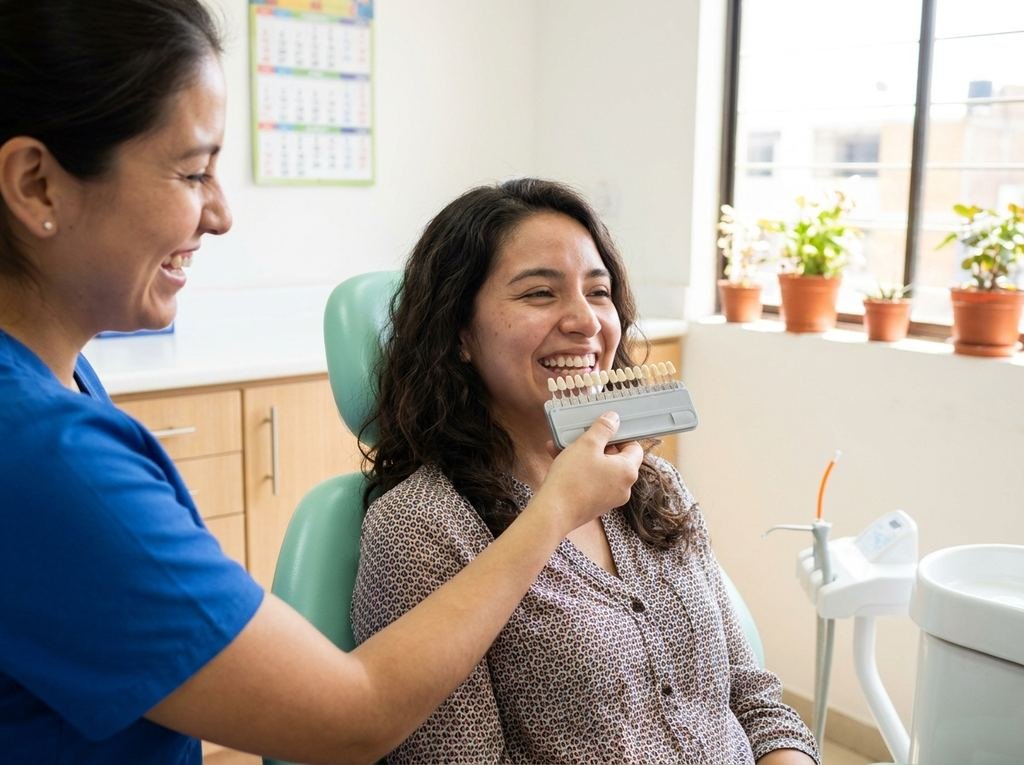 Odontóloga comparando el color de los dientes de una paciente con una guía de tonos