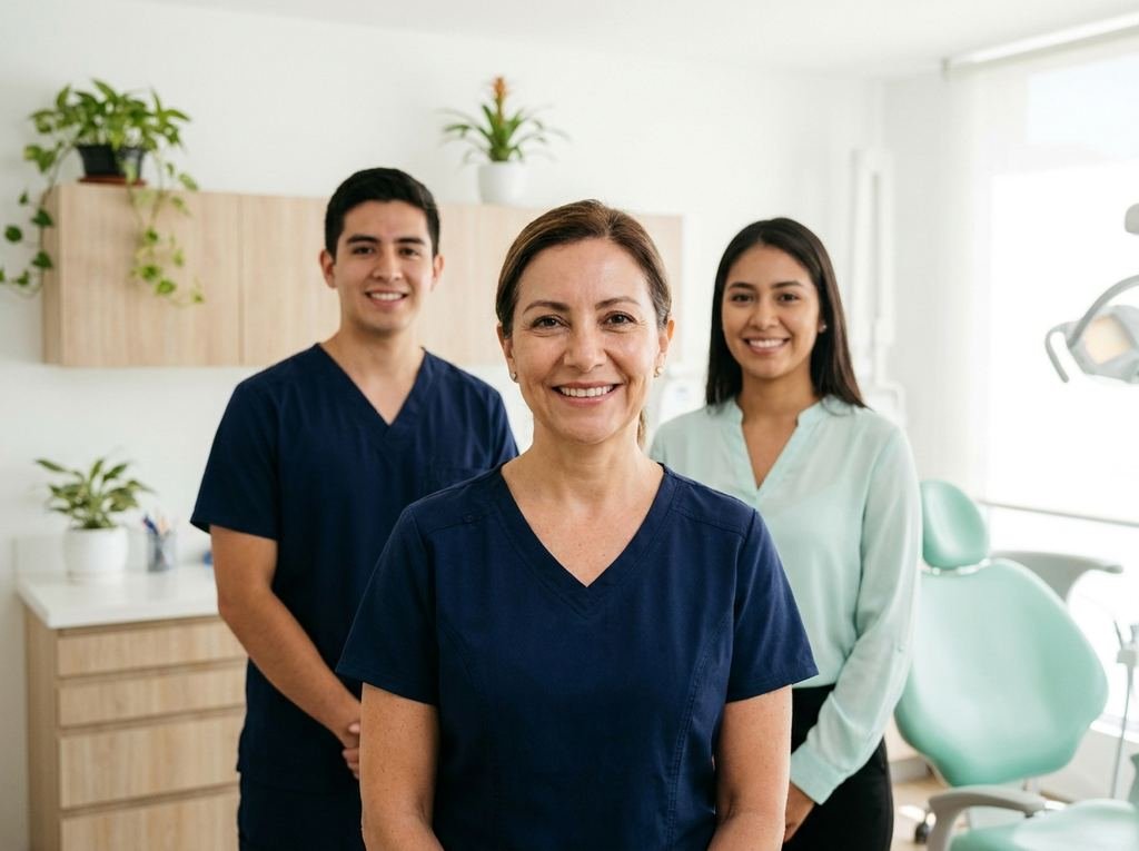 El equipo de la clínica: dos odontólogos y la recepcionista, sonriendo