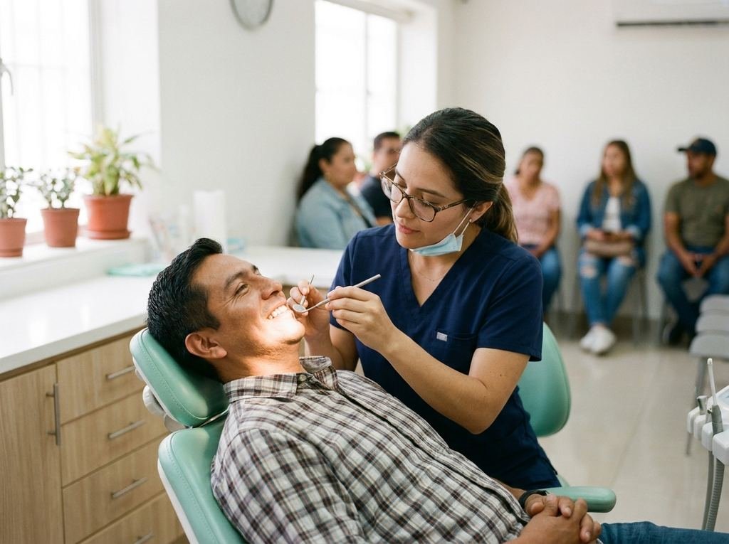 Odontóloga revisando los dientes de un paciente sonriente