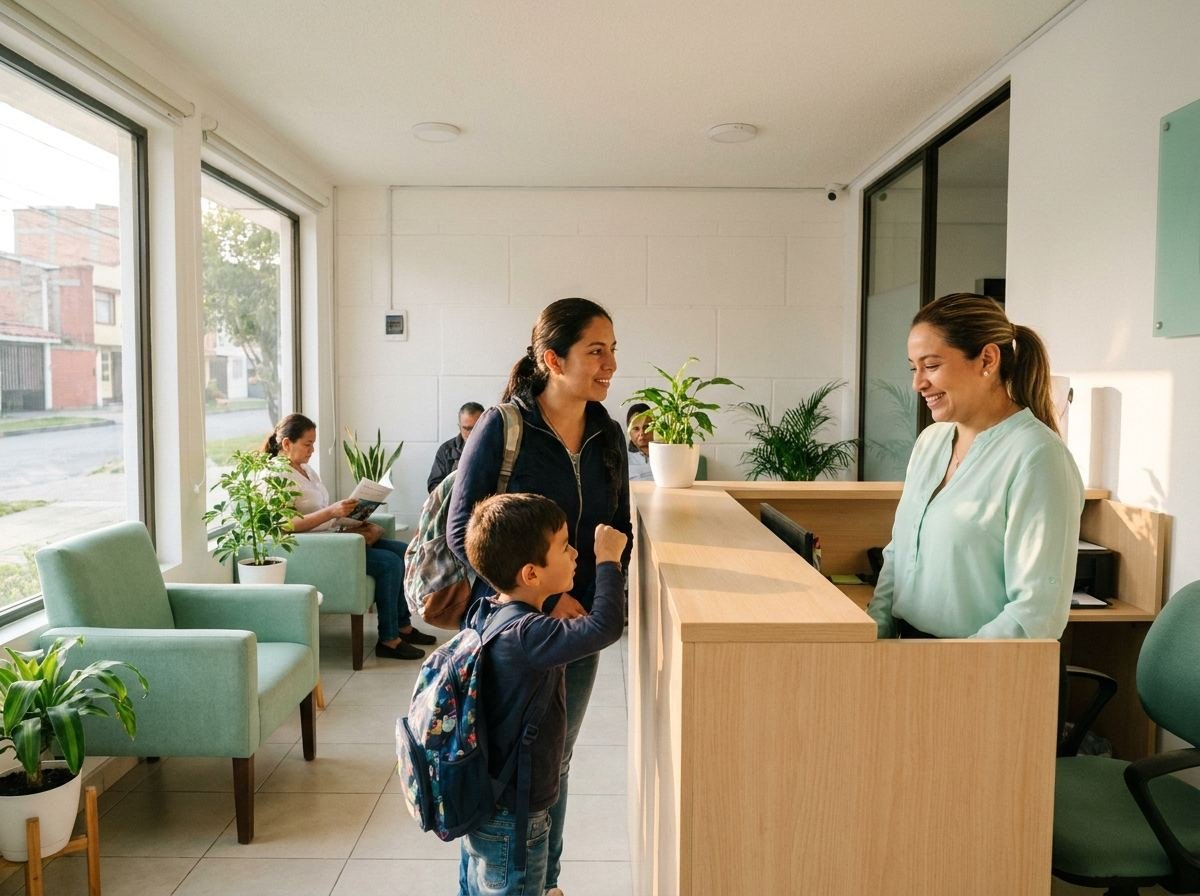 Recepción luminosa de la clínica, con la recepcionista saludando a una madre y su hijo